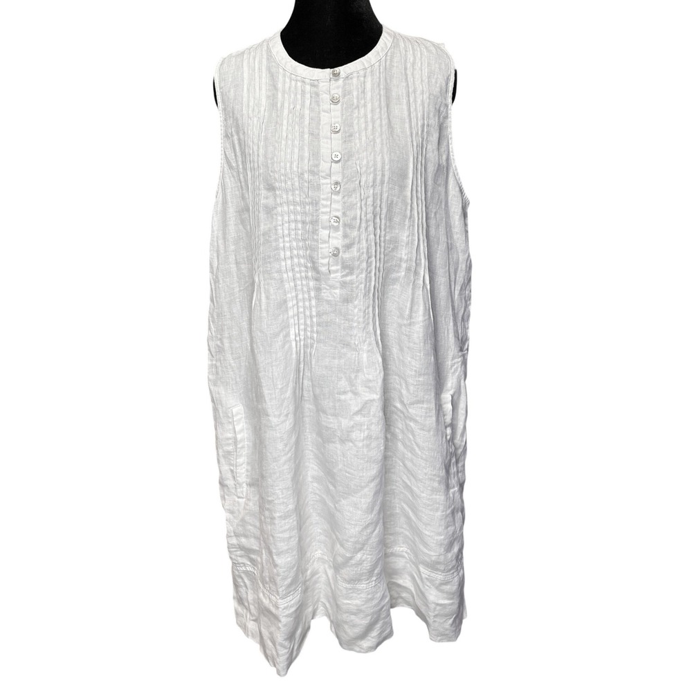 Quince Dress Womens L White Linen Sleeveless Swing Dress Pleated Coastal NWT - Picture 2 of 8